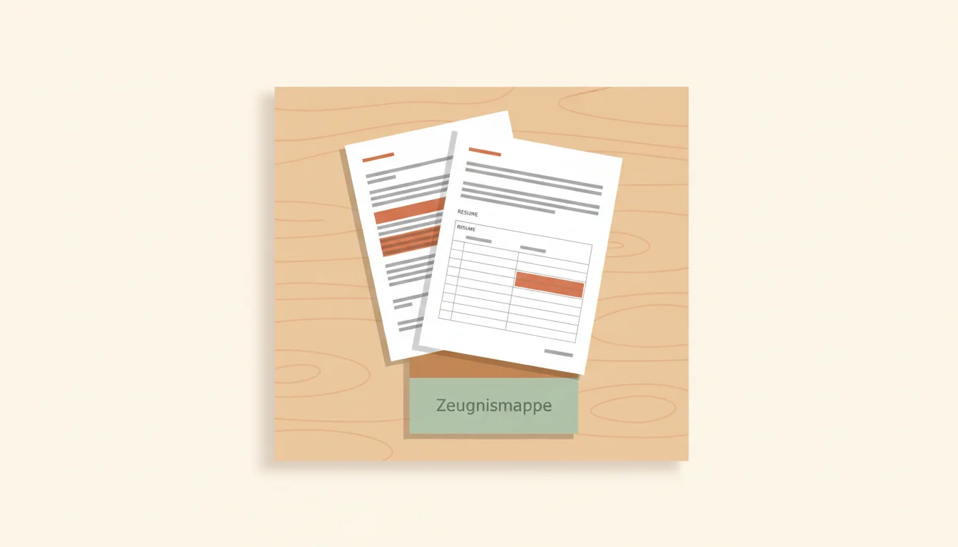 Deutsche Bewerbungsmappe aus drei gestapelten Dokumenten – Anschreiben, Lebenslauf und Anlagen – auf einem aufgeräumten Schreibtisch
