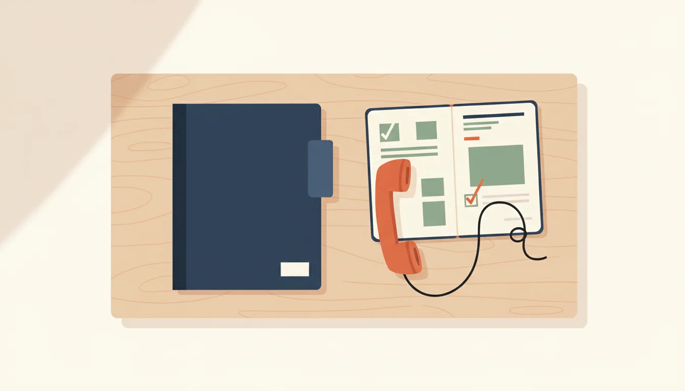 Schreibtisch mit Telefonhörer neben einer Bewerbungsmappe und einer handschriftlichen Zielfirmenliste