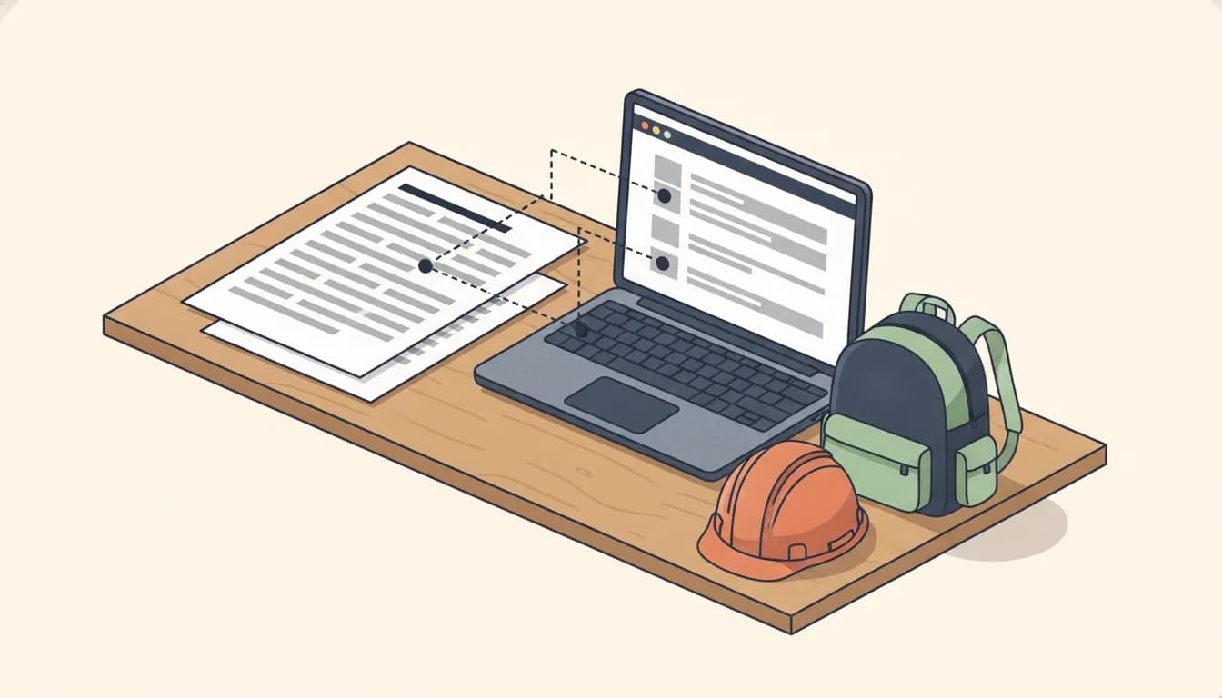 Eine Lebenslaufseite und ein zweites Blatt, deren Inhalte in ein Formular auf einem Laptop übertragen werden, daneben ein Rucksack und ein orangefarbener Schutzhelm