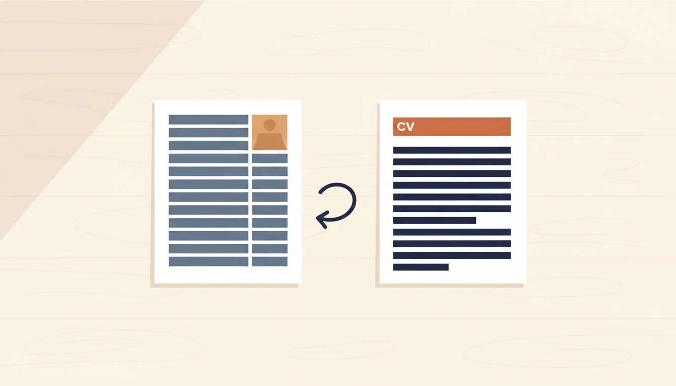 Zwei stilisierte A4-Bewerbungsseiten nebeneinander: links der deutsche tabellarische Lebenslauf mit Foto-Platzhalter, rechts der englische Resume ohne Foto und mit kürzerer Struktur