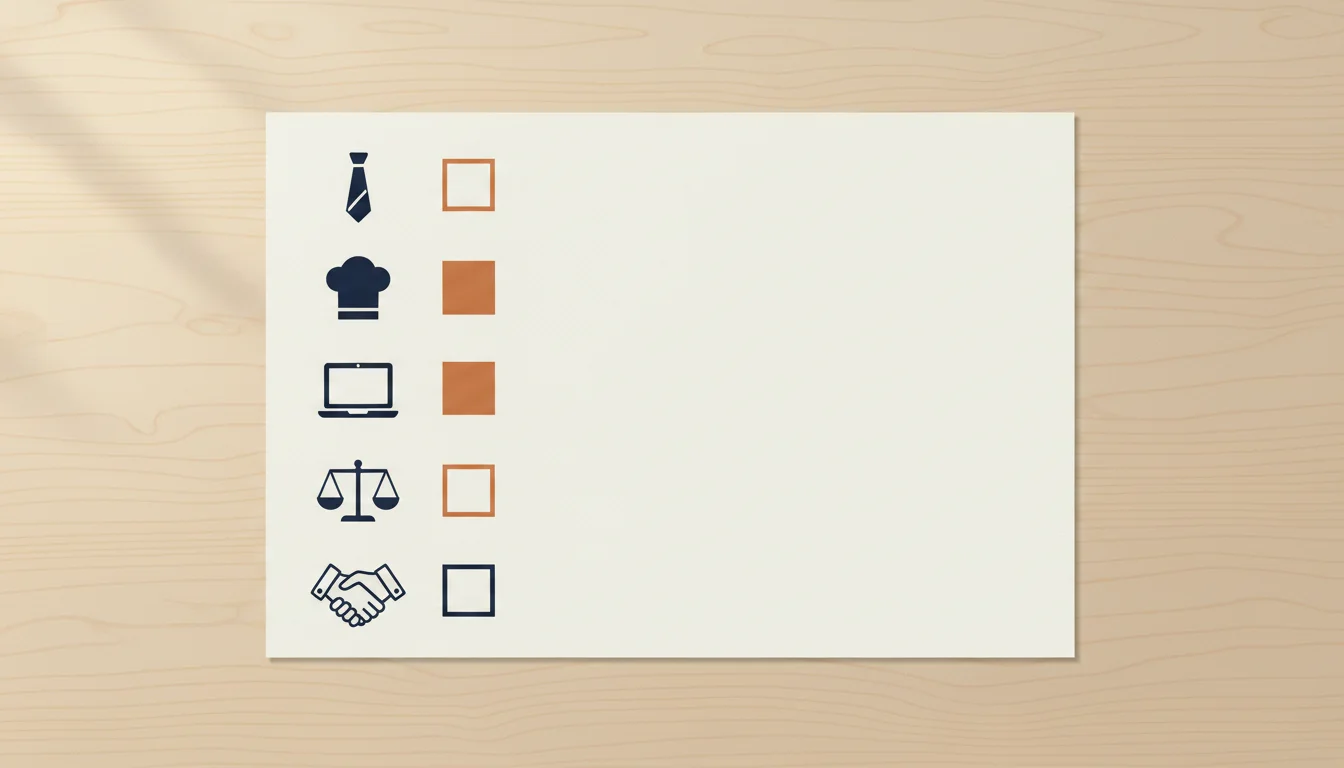 Branchen-Matrix: links Icons für Mittelstand, Gastronomie, Tech, öffentlicher Dienst und Vertrieb, rechts jeweils ein gefüllter oder leerer Foto-Rahmen als Empfehlung