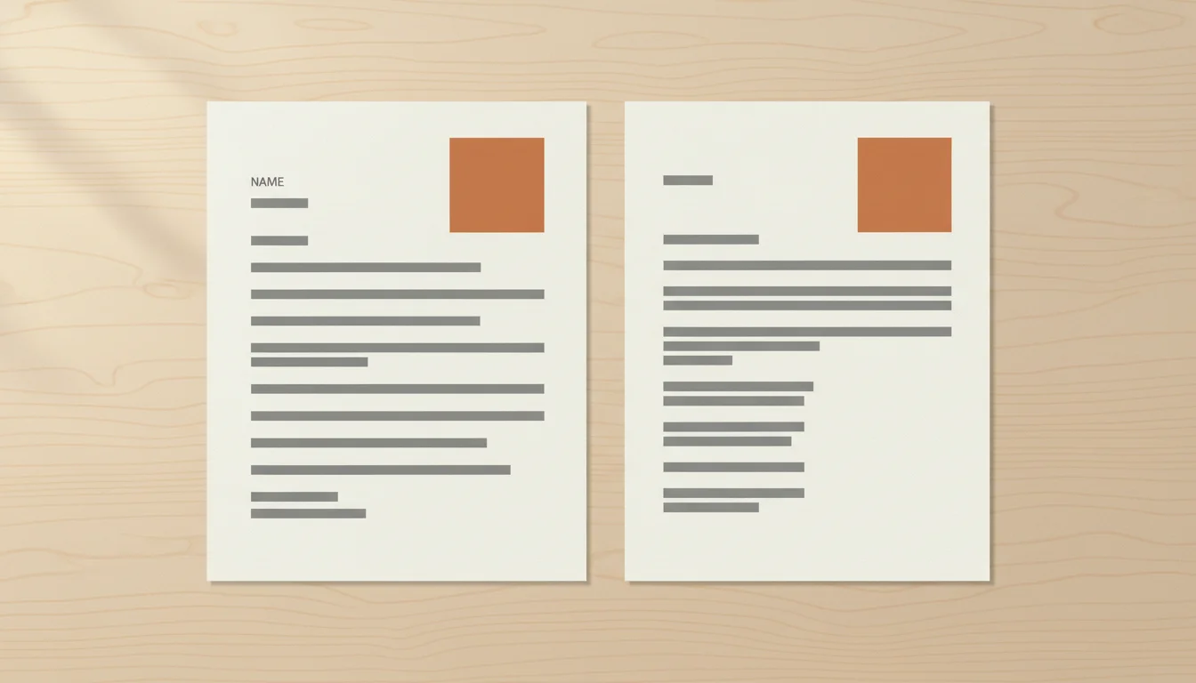 Zwei Lebenslauf-Seiten nebeneinander auf einem Schreibtisch, eine mit Platzhalter für ein Foto oben rechts, die andere ohne Foto