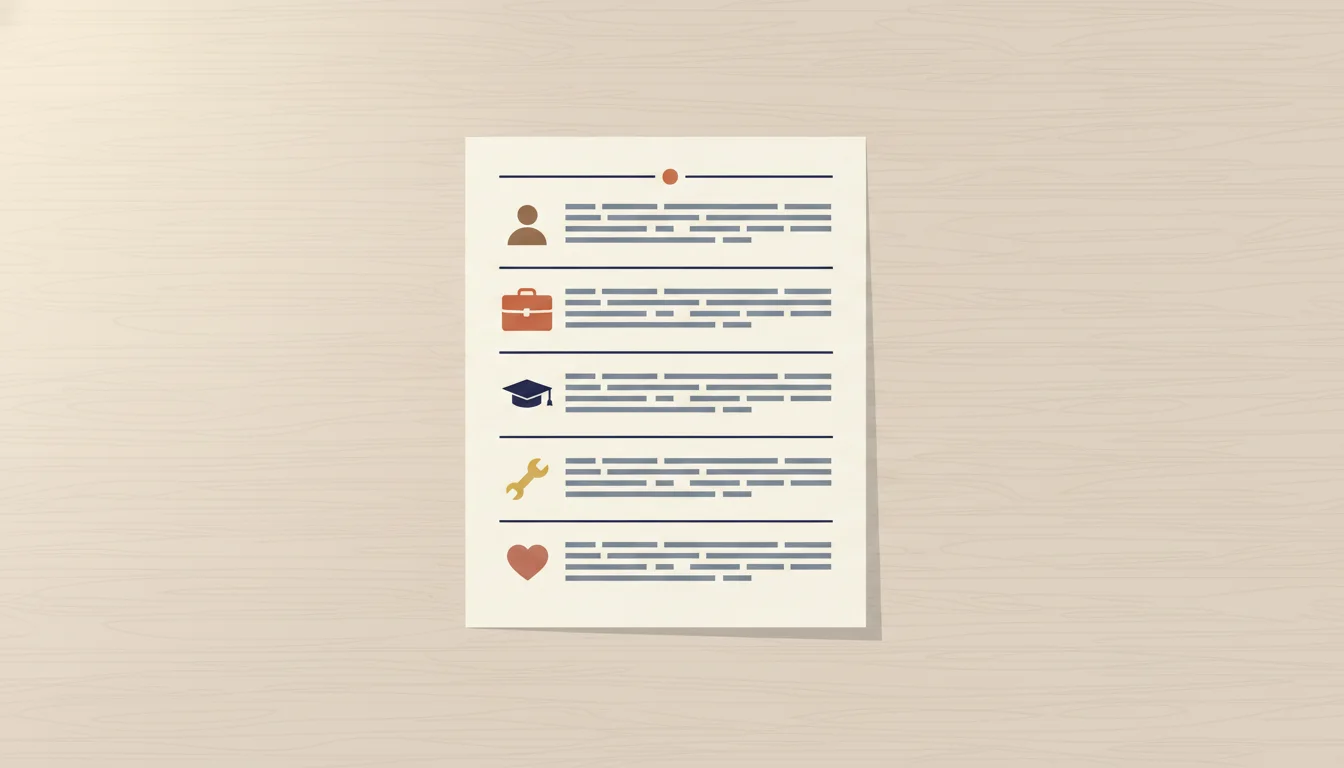 Diagramm eines tabellarischen Lebenslaufs mit fünf Blöcken