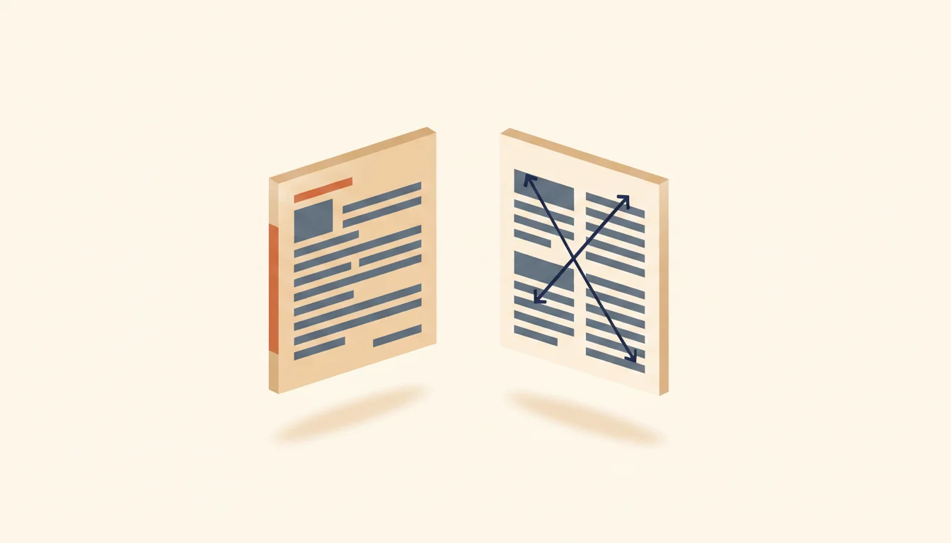 Two abstract résumé layouts side by side: a clean single-column layout and a two-column layout with crossing arrows indicating scrambled reading order