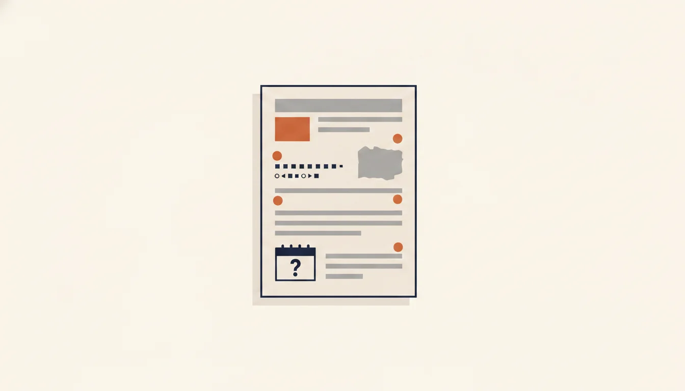 Five resume elements marked with warning indicators: an image block, icon fonts, a header region, a creative section label, and an ambiguous date format