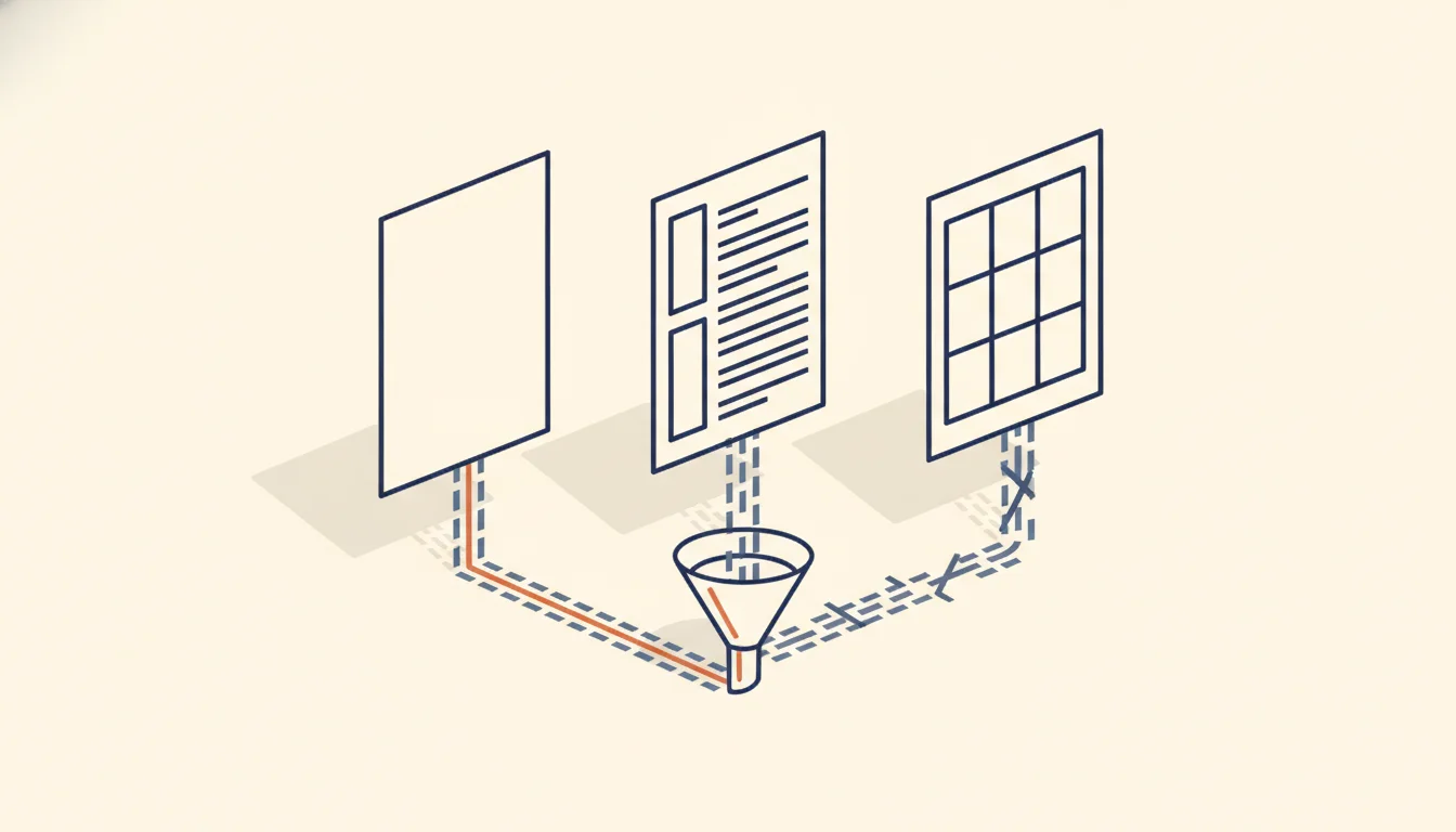 Three résumé page outlines in a row (a plain single-column page, a page with a sidebar, a page divided into a grid) joined by dashed lines to one funnel; the line from the plain page is highlighted orange and the line from the grid is marked with crosses