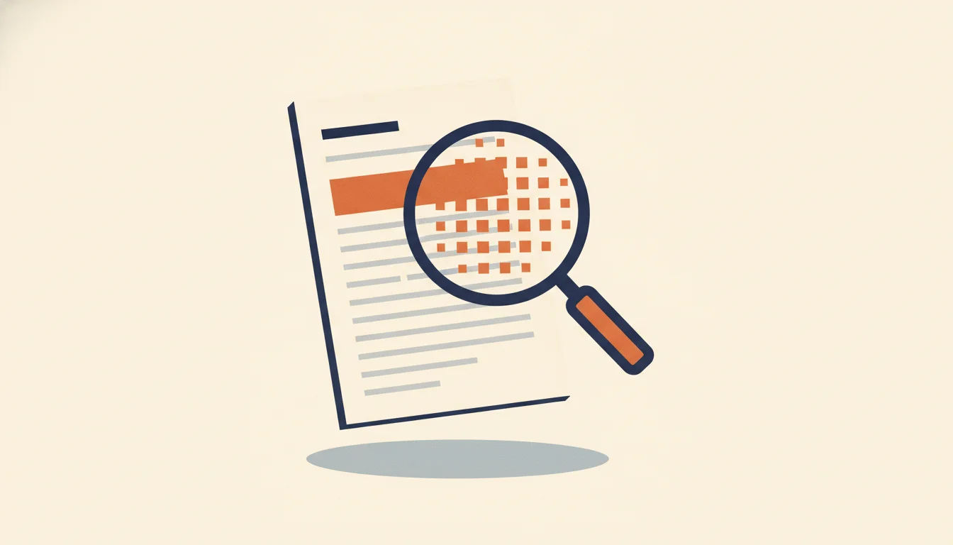 A resume page beside a magnifying glass; under the lens, one heading has its letters drifting apart while the body lines stay intact