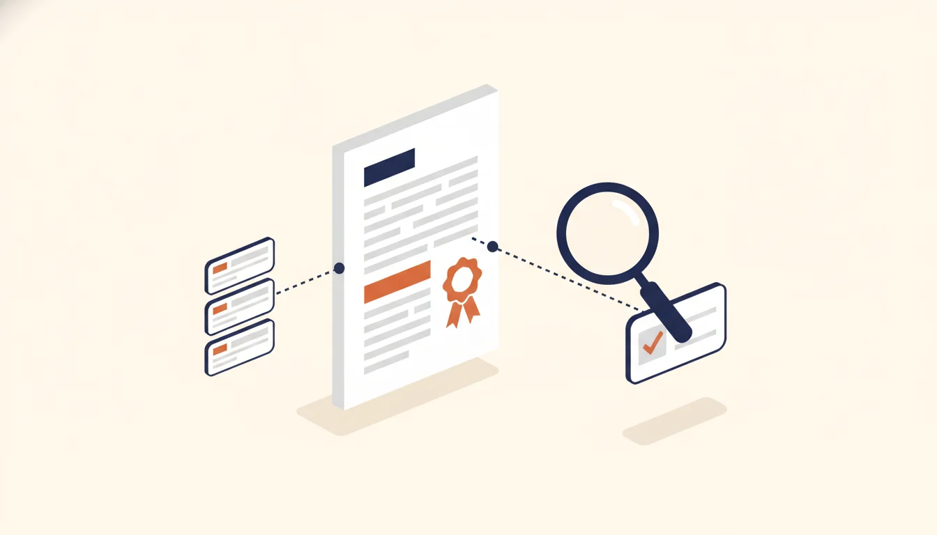 A resume page with a highlighted certificate ribbon block, connected by dotted lines to a magnifying glass and a small registry card with a check mark