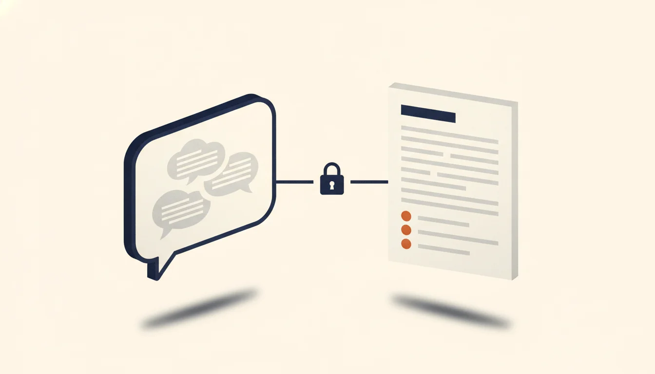 A chat window on the left passes gray text blocks to a resume page on the right through a small padlock; three blocks on the page are marked with orange dots