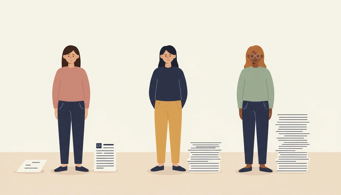 Stilisierte Illustration: drei Figuren stehen neben Dokumentenstapeln, deren Höhe von links nach rechts wächst