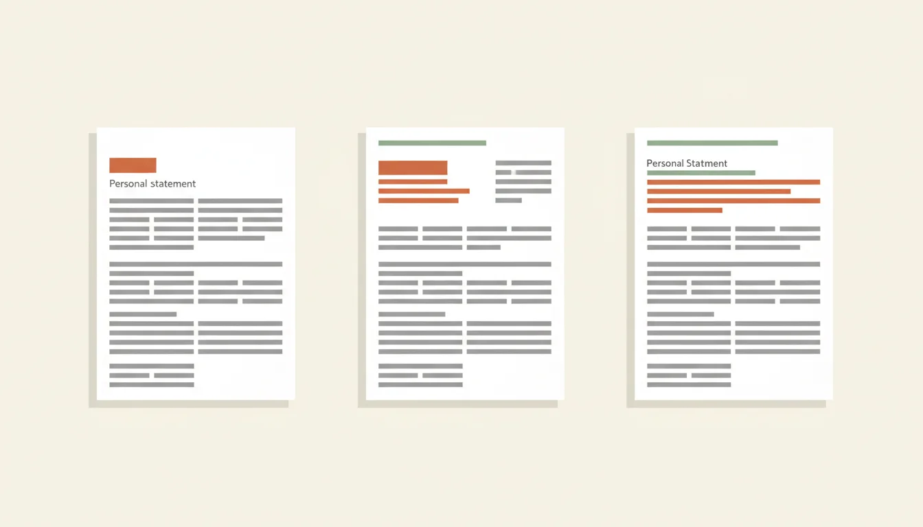 Three stylized CV pages laid side by side, each showing a highlighted paragraph at the top of different lengths and densities