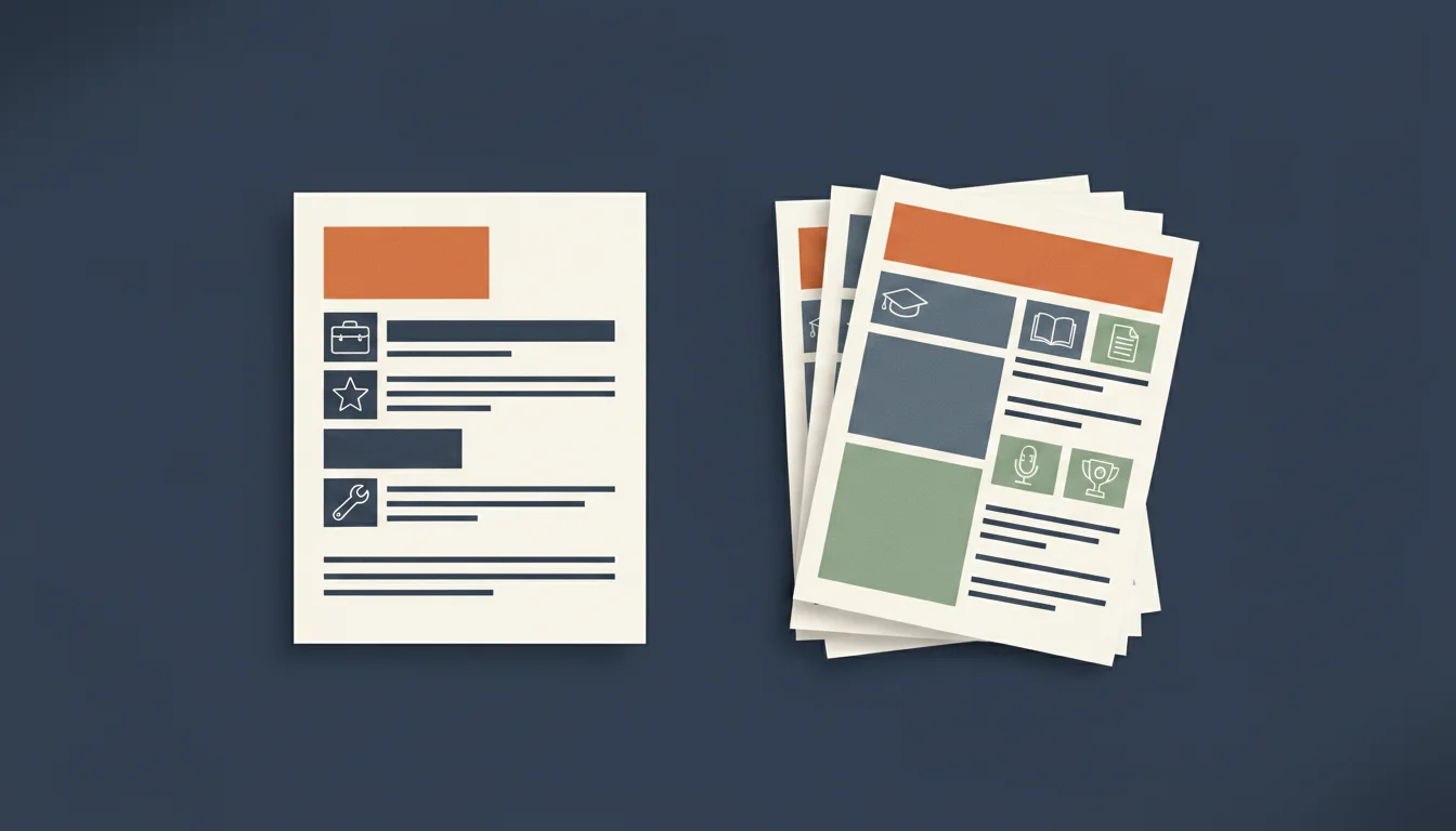 Side-by-side layout comparison showing a one-page résumé structure next to a multi-page academic CV structure