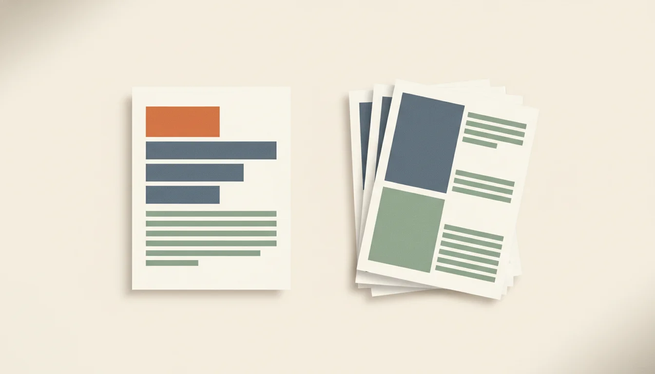 A single one-page résumé on the left and a thick multi-page academic CV stack on the right, laid out on a warm beige desk