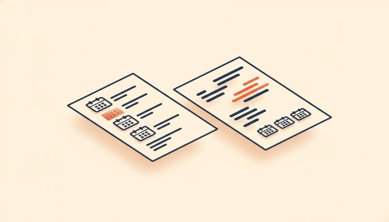 Two résumé pages side by side: on the left, bullet blocks hang from three dated job cards; on the right, the same bullet blocks float in loose groups while the job cards sit alone at the bottom, one block highlighted in orange