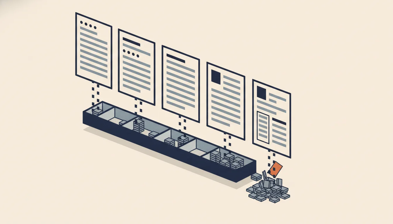 Five resume pages dropping blocks into a long tray; four land in neat stacks, while the page with a sidebar spills a scrambled pile outside the tray with one orange block on top