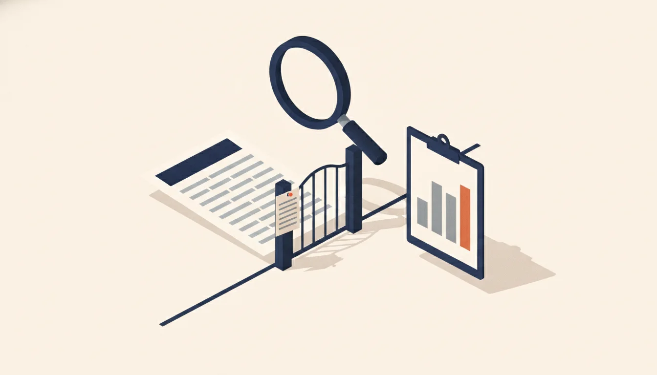 A resume page passing under a magnifying glass toward a small navy gate, with a folded notice card pinned beside the gate and a short bar chart of four columns on a clipboard nearby