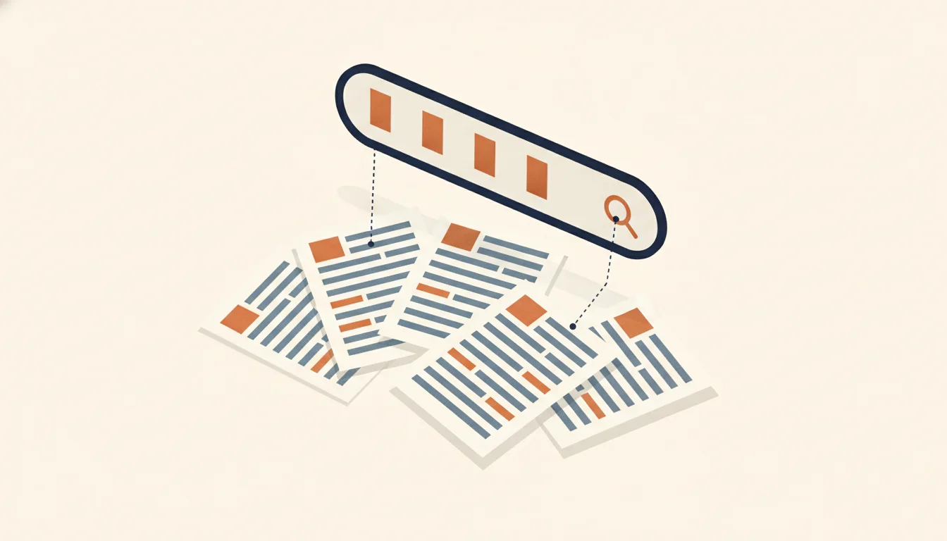 A search bar holding four orange blocks hovers above a loose stack of resume pages; dotted lines run from the bar to orange-highlighted lines on the pages
