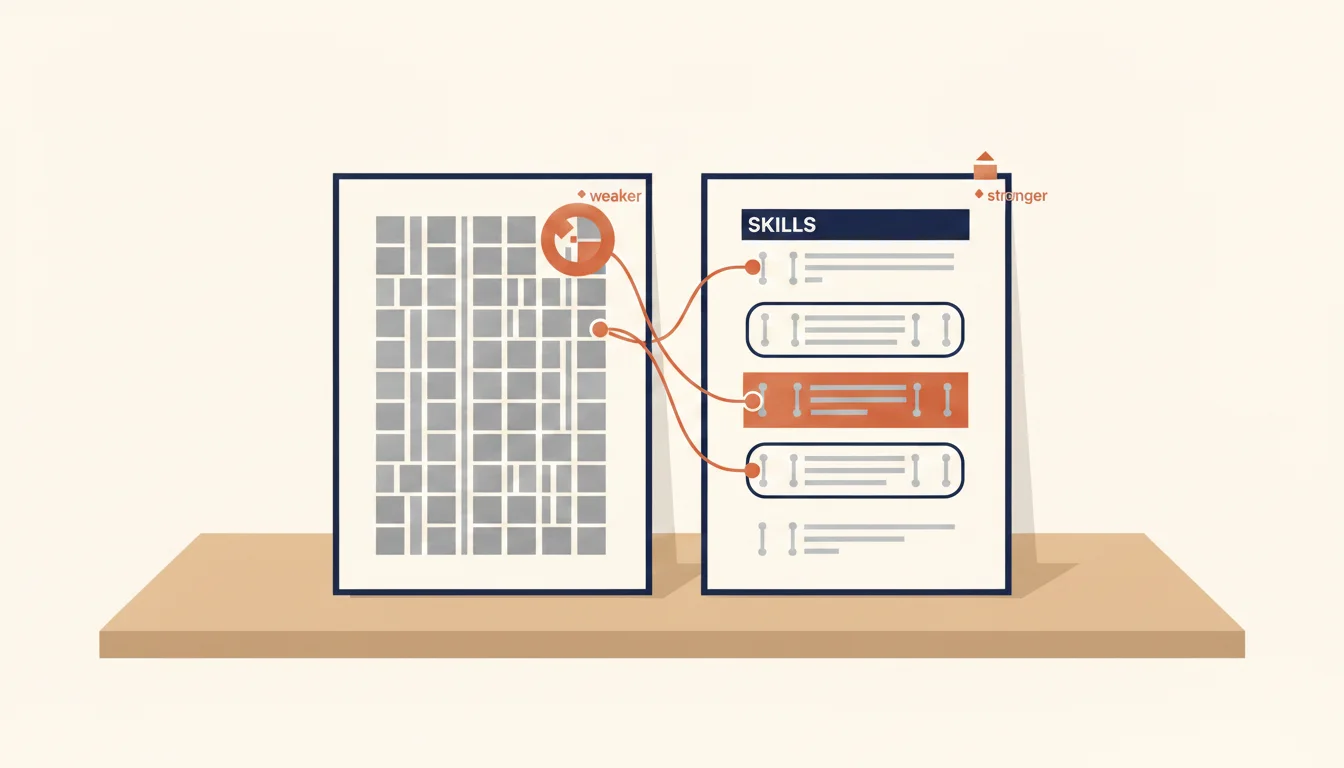 Side-by-side comparison of a flat comma-separated skills list versus a skills section grouped into three named subcategories