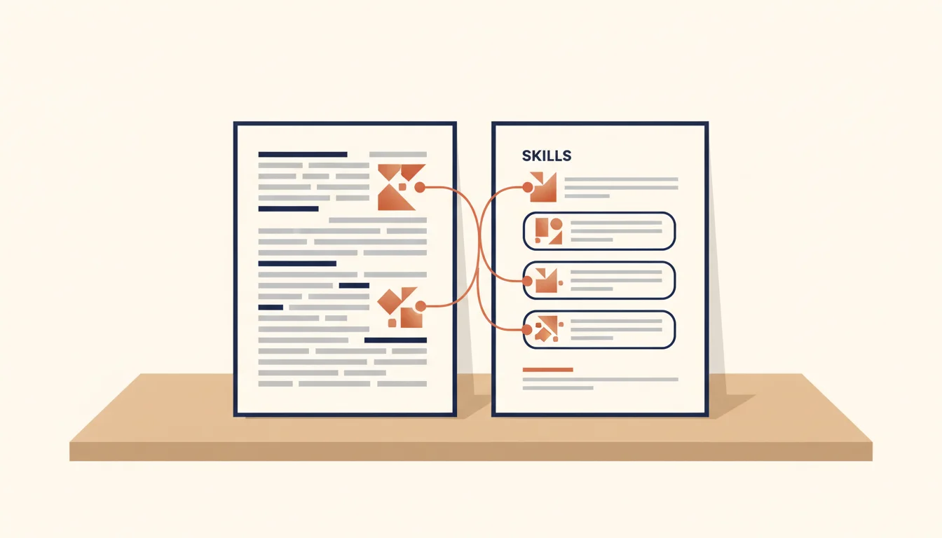 A job ad on the left and a resume skills section on the right with matching keywords highlighted between them