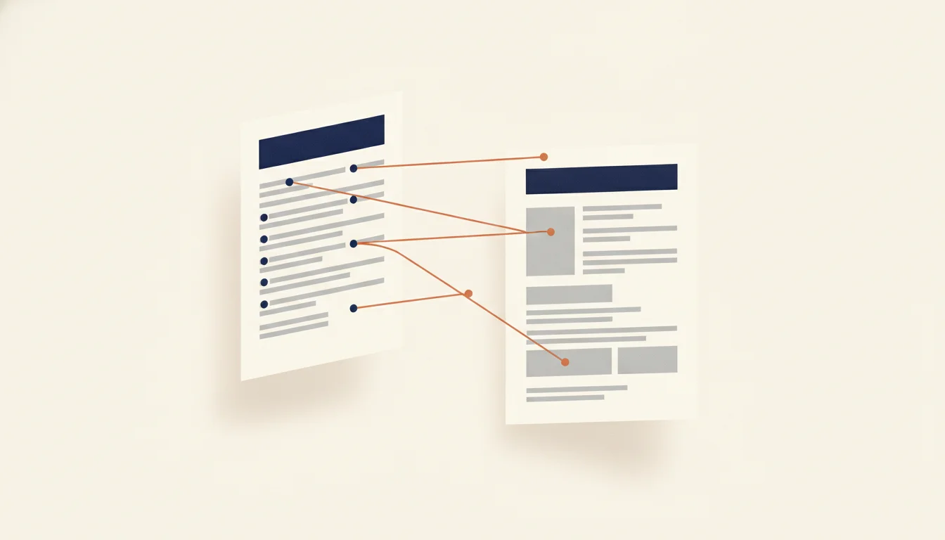 A job posting on the left and a resume on the right, joined by orange lines that link individual lines on the posting to matching lines on the resume; several bulleted lines on the posting have no link