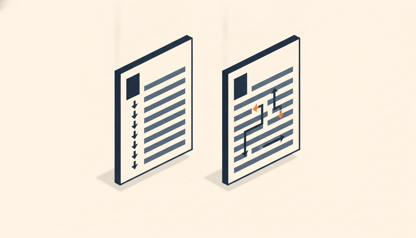 Two identical-looking two-column pages side by side, each with numbered arrows showing a different order in which the blocks are read
