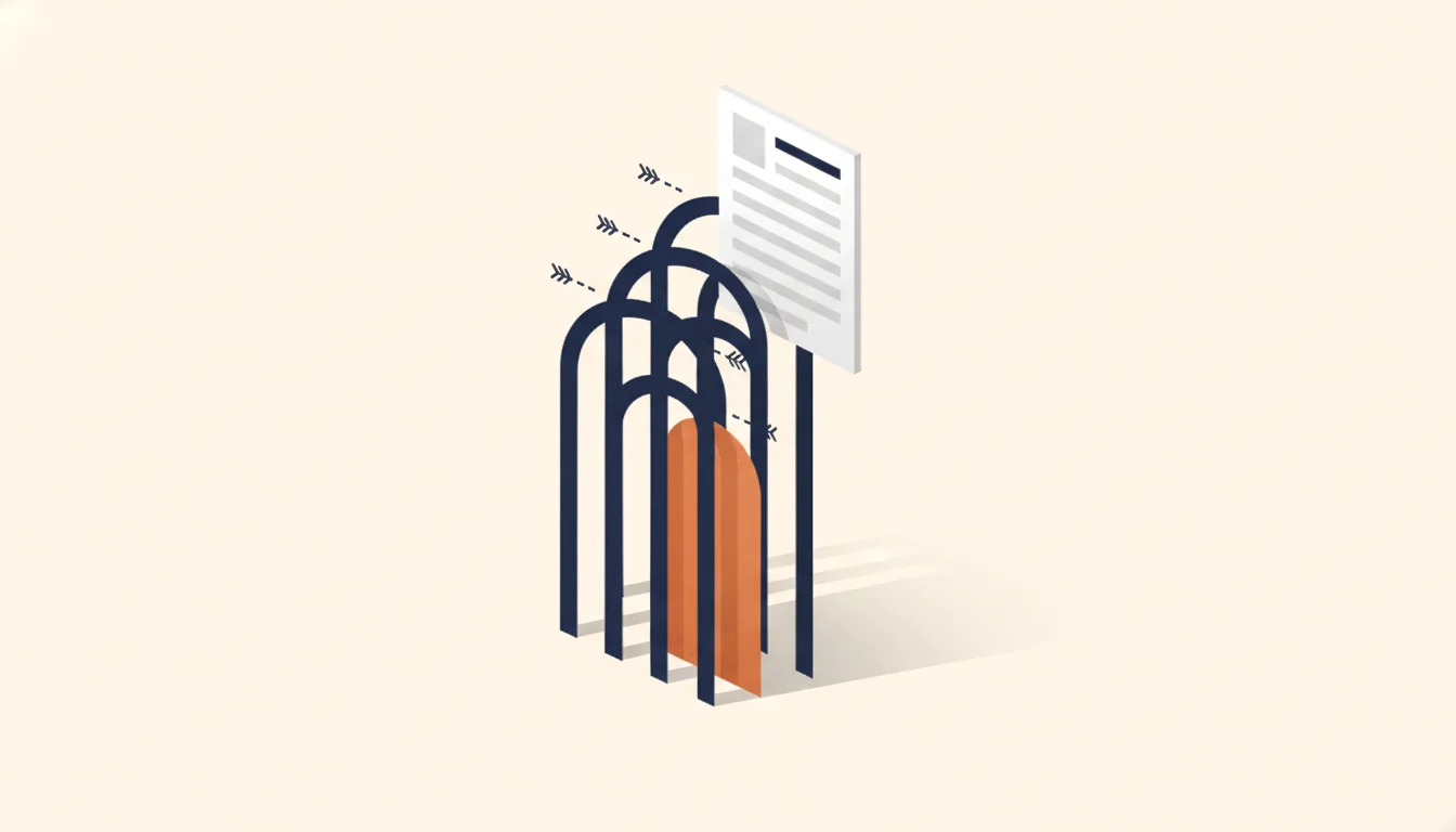 A resume page hovering above a cluster of navy arch-shaped gates, with one gate filled in orange