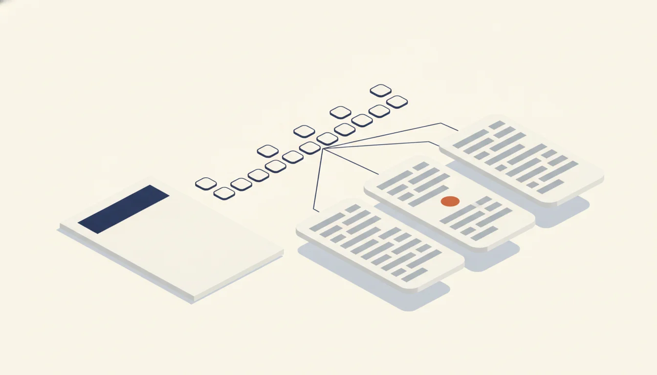 Two rows of small navy-outlined stage boxes send lines into three large status cards; the middle card carries an orange dot, and a resume page with a navy name bar lies at the lower left