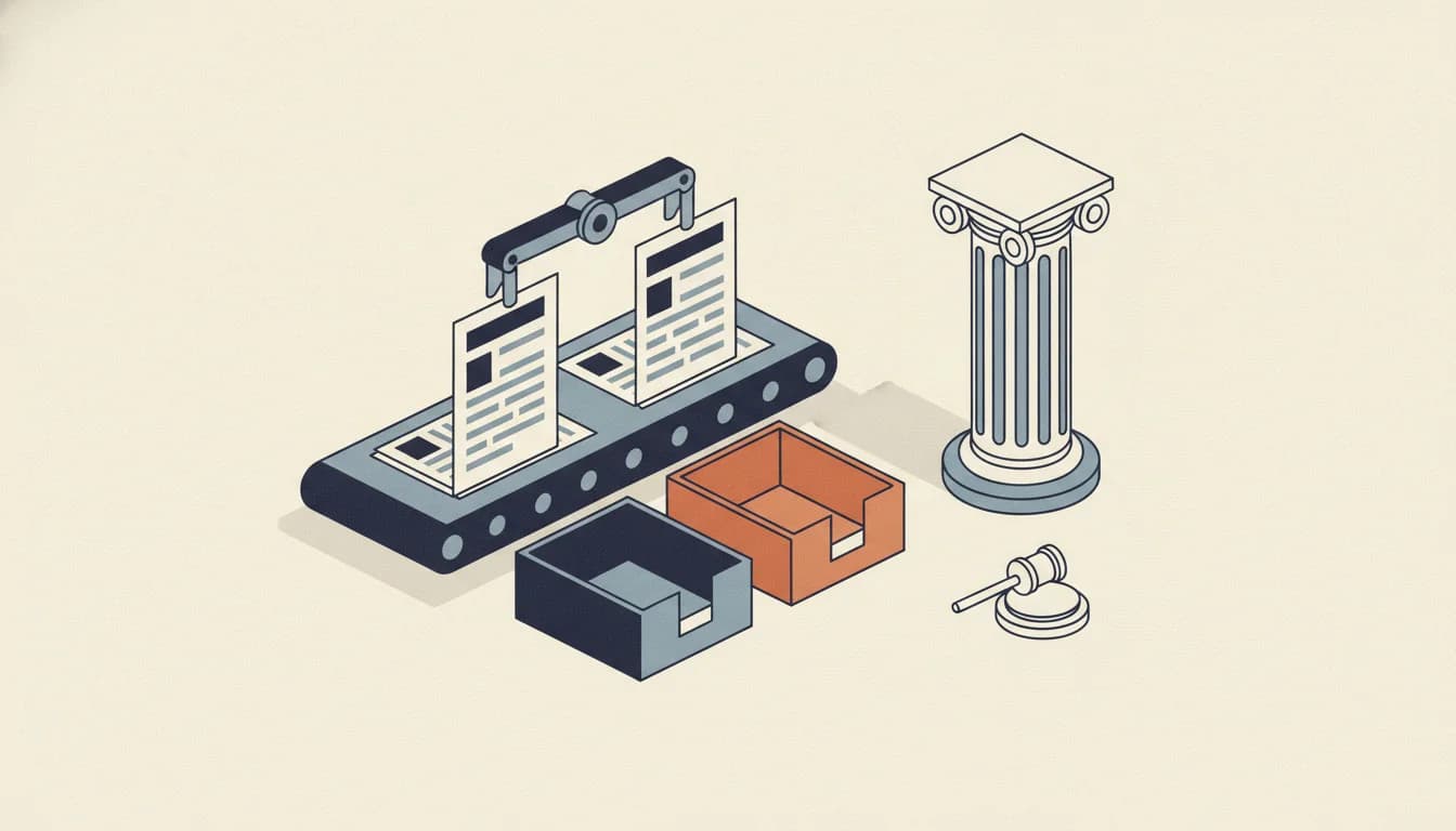 A stack of resume pages on a conveyor passing under a sorting arm toward two trays, with a courthouse column and a small gavel standing beside the machine