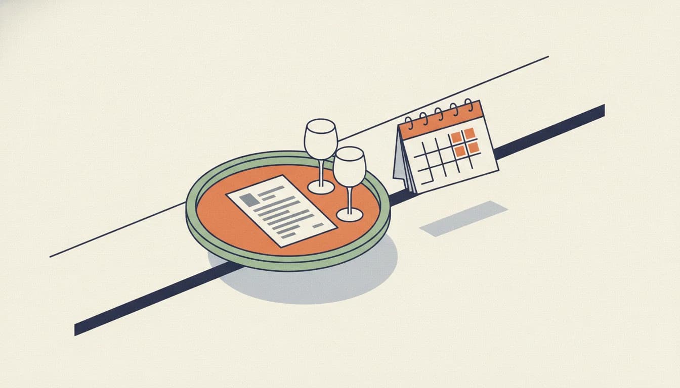 Una bandeja redonda de camarero sobre una barra, con una página de currículum y dos copas vacías, junto a un calendario de mesa con cuatro casillas marcadas en naranja