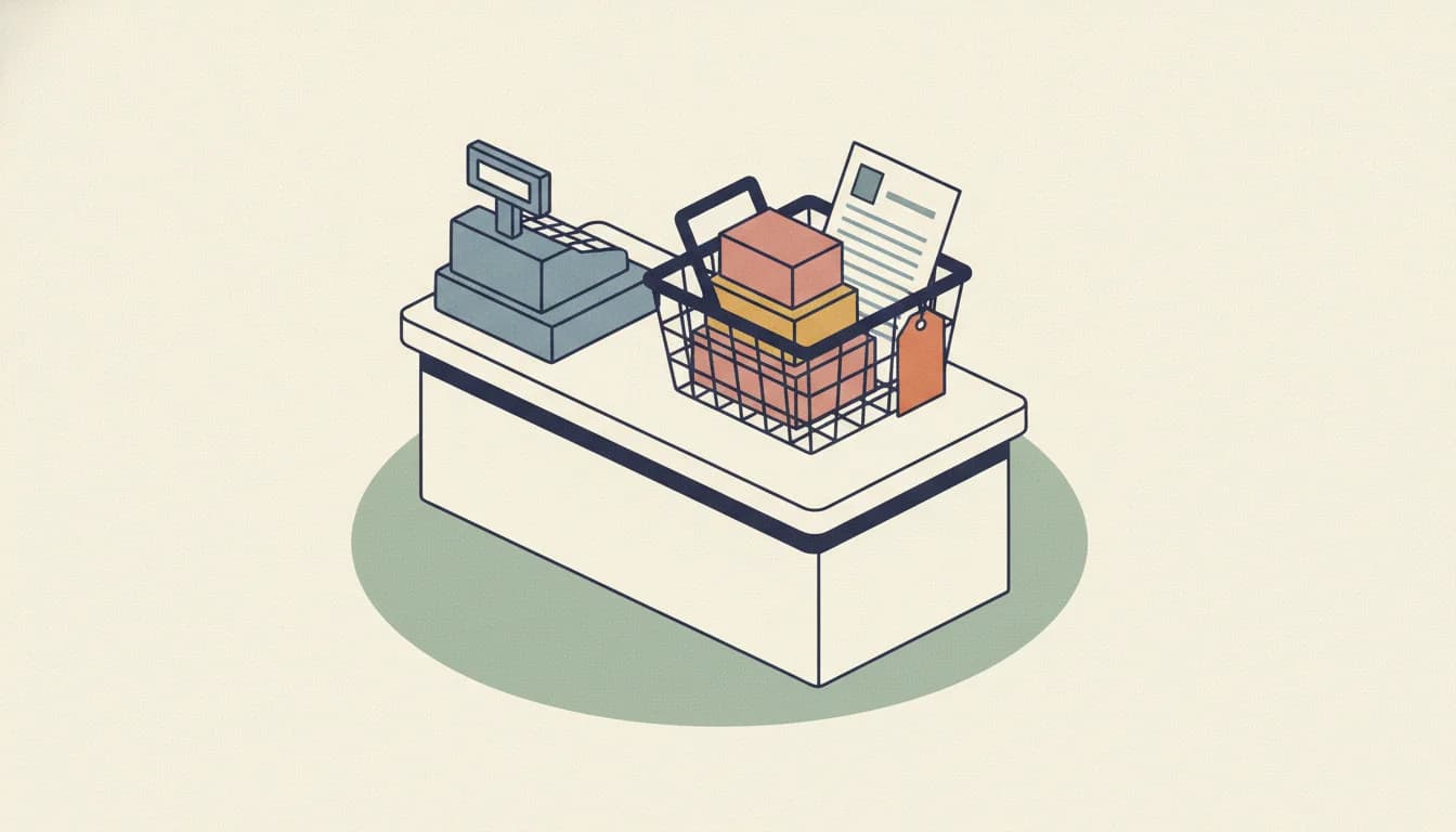 Una caja registradora sencilla sobre un mostrador junto a una cesta de la compra con cajas y una página de currículum, de la que cuelga una etiqueta de precio naranja