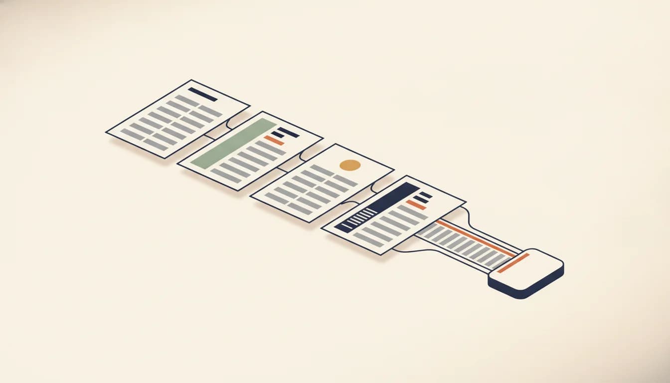 Cuatro hojas de currículum con maquetaciones distintas, una con barra lateral, alineadas sobre un fondo beige; de ellas sale una única tira de texto que entra en un lector