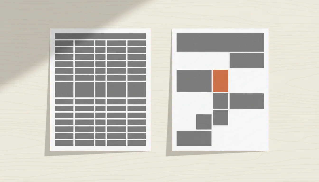 Dos hojas de currículum sobre una mesa: a la izquierda una plantilla estandarizada con tablas y columnas uniformes, a la derecha una hoja con diseño personalizado y jerarquía visual clara