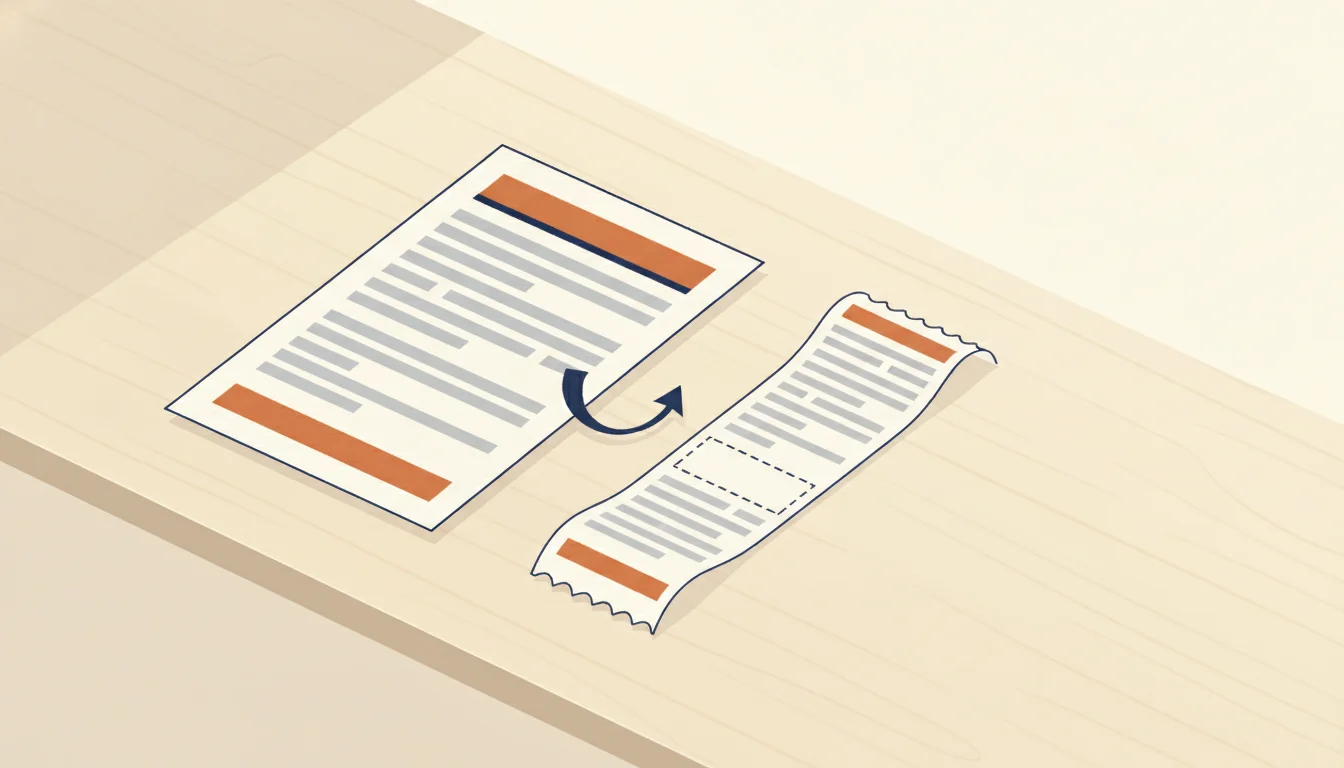 Una página de currículum con bandas naranjas arriba y abajo, y a su lado una tira de papel con el texto extraído en la que falta un bloque, marcado con un recuadro de línea discontinua