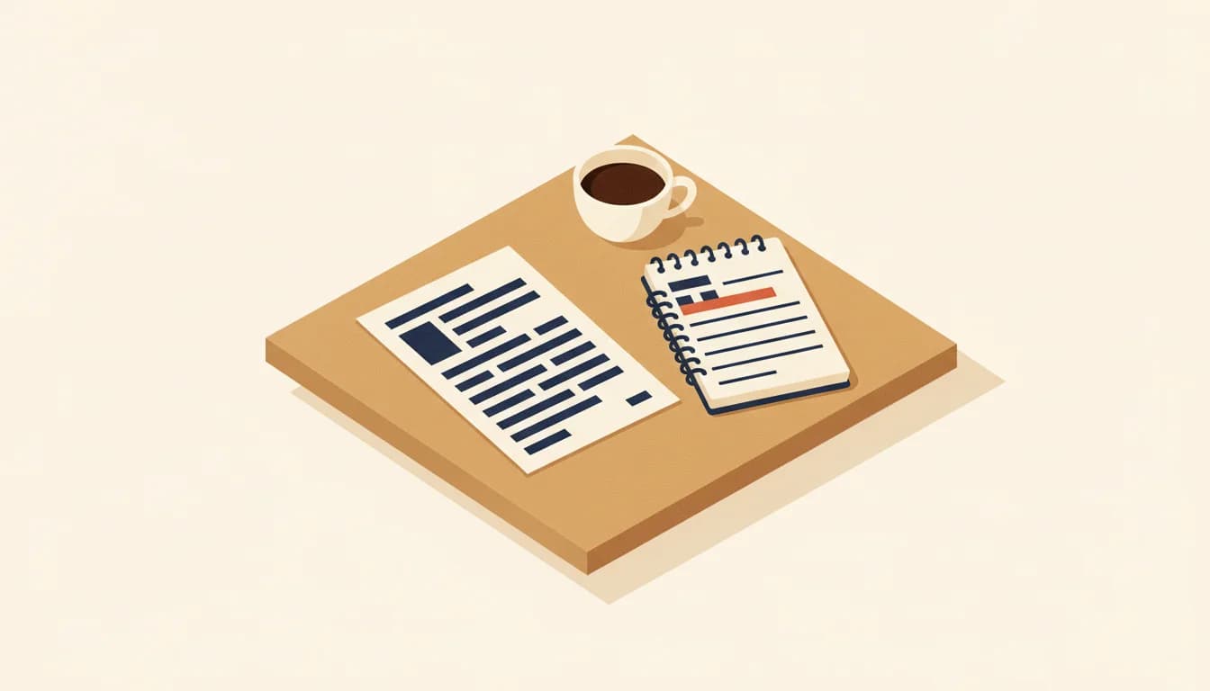 Mesa de trabajo con un CV de una página, una libreta abierta con anotaciones y una taza de café