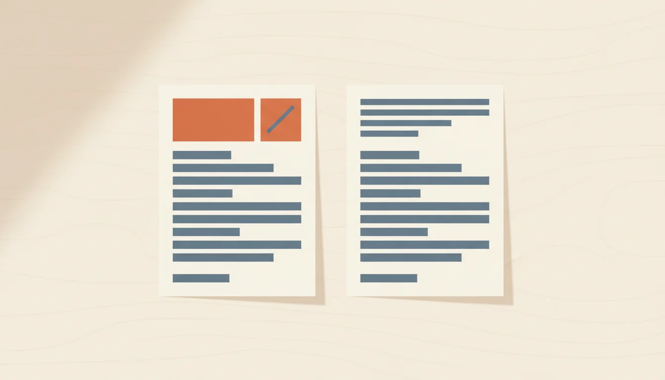 Dos hojas de currículum sobre un escritorio: una con un recuadro naranja de foto tachado con una línea diagonal, otra sin recuadro y con un bloque de contacto más extenso