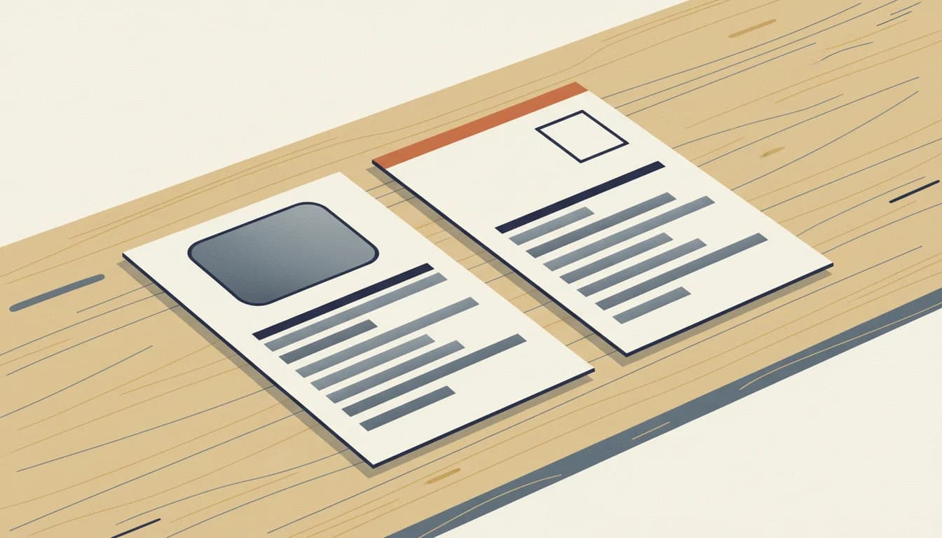 Kaksi A4-CV-arkkia vierekkäin: vasemmalla ylänurkassa stilisoitu valokuvan paikka, oikealla saman paikan kohdalla on tyhjä viivakuvio