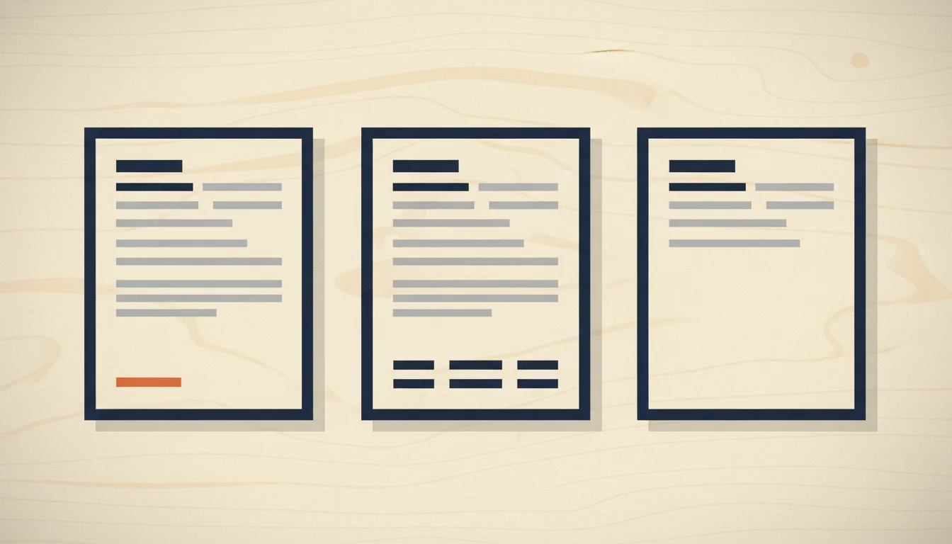 Kolme rinnakkaista CV-sivun ääriviivaa, joissa suosittelijoiden merkintä esitetty kolmella eri tavalla