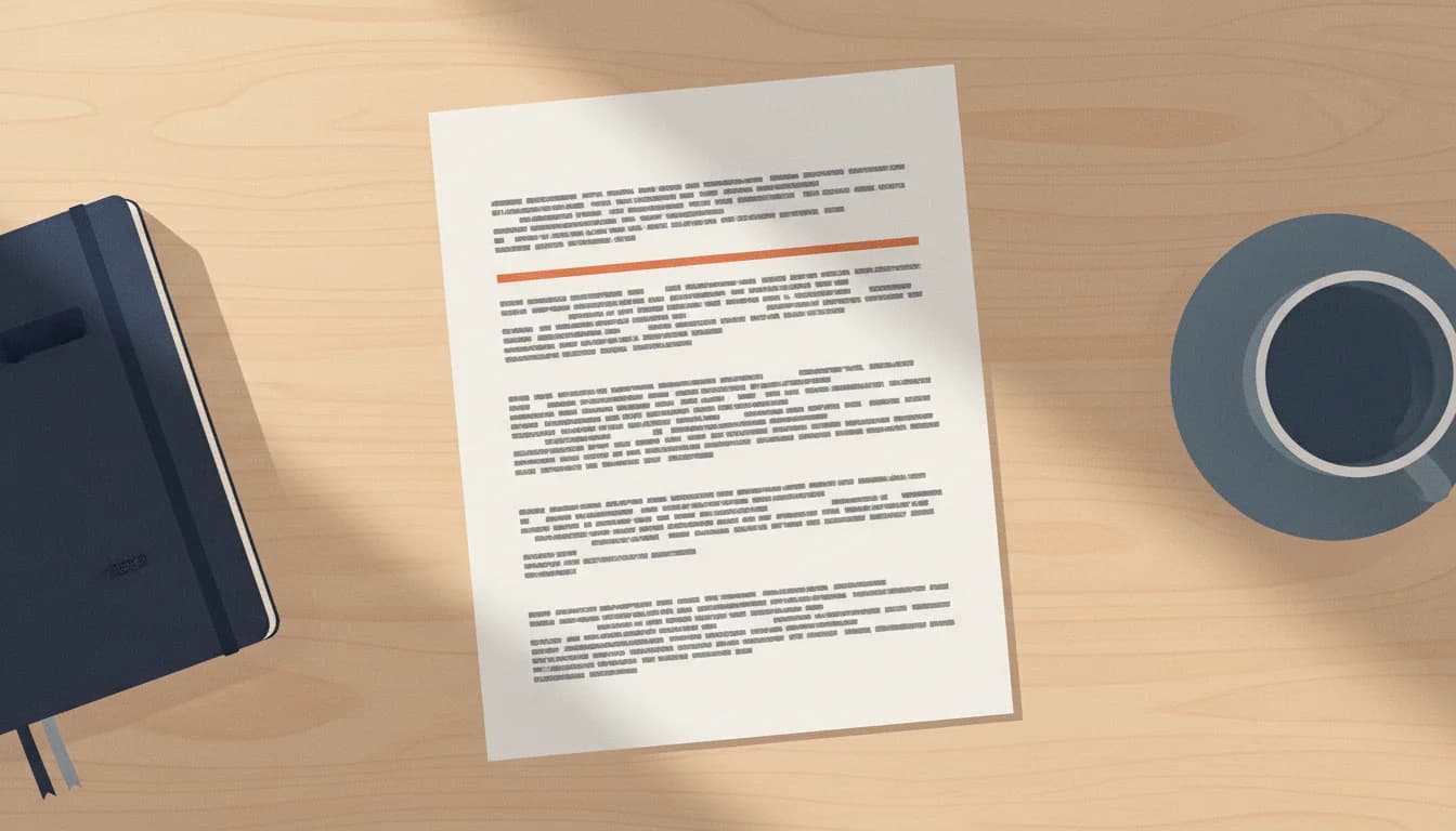 Yhden A4-sivun työhakemus pöydällä, jaettuna neljään selkeään kappaleeseen vaaleilla taustaväreillä