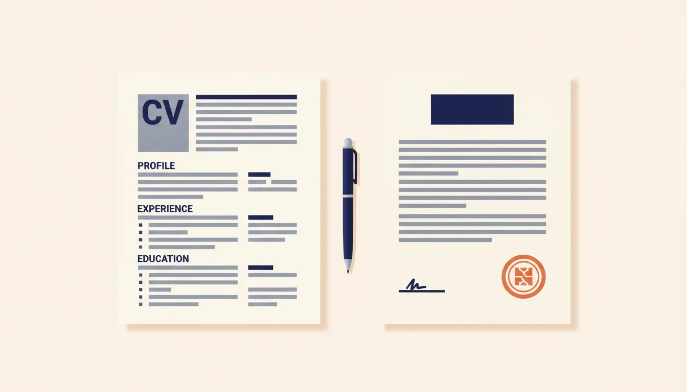 Kaksi A4-paperia vierekkäin pöydällä: vasemmalla tiivis ansioluettelo, oikealla virallinen työtodistus leimalla