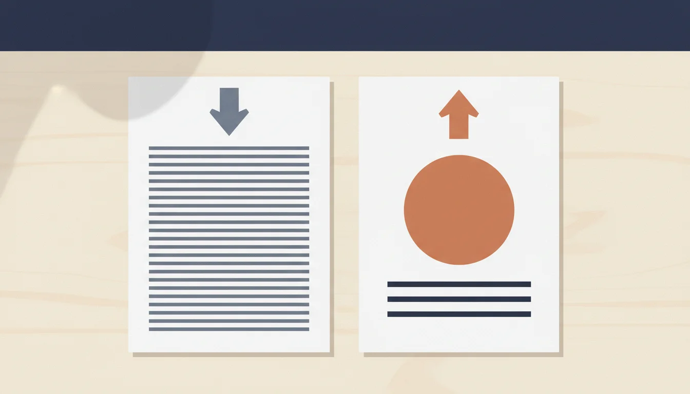 Schéma avant-après d'une accroche de CV : à gauche un bloc de texte dense, à droite une structure en trois phrases courtes avec un chiffre mis en valeur