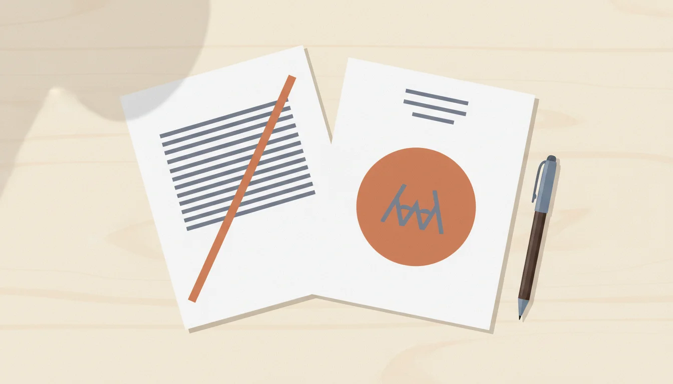 Deux versions d'une accroche de CV posées côte à côte sur un bureau, l'une barrée en orange, l'autre mise en valeur