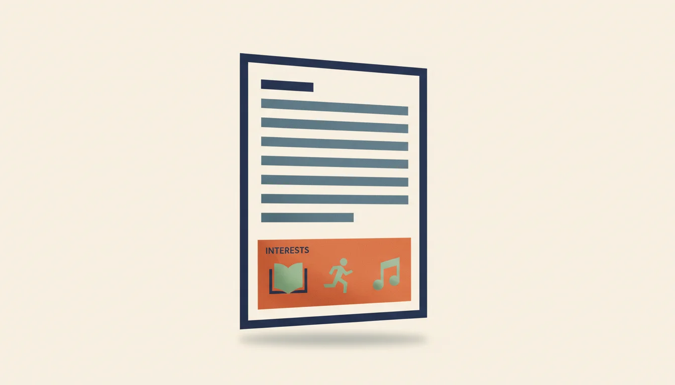 Une page de CV stylisée avec une rubrique « centres d'intérêt » en bas, mise en évidence par un accent orange chaleureux
