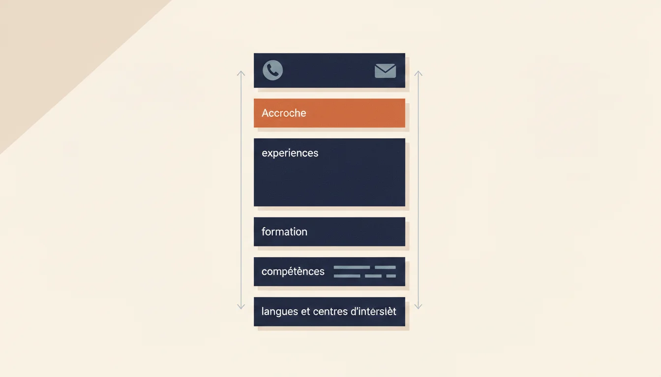 Schéma vertical représentant l'ordre canonique des rubriques d'un CV français, de l'état civil aux centres d'intérêt