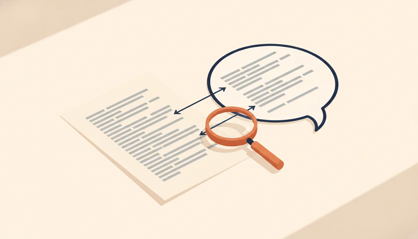 Une page de CV stylisée posée à côté d'une bulle de conversation abstraite, une loupe orange vérifiant les lignes qui passent de l'une à l'autre