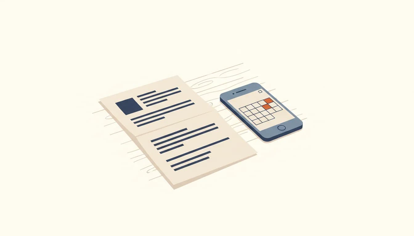 Lettre de motivation pliée sur un bureau avec un téléphone à côté affichant un calendrier