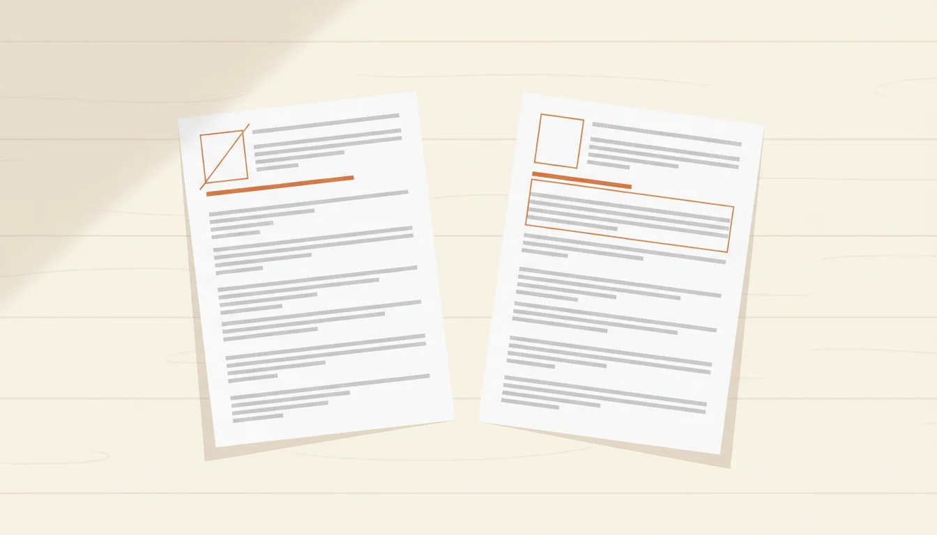 Deux CV côte à côte sur un bureau, l'un avec un emplacement photo vide barré d'un trait, l'autre sans emplacement photo et avec une accroche mise en valeur