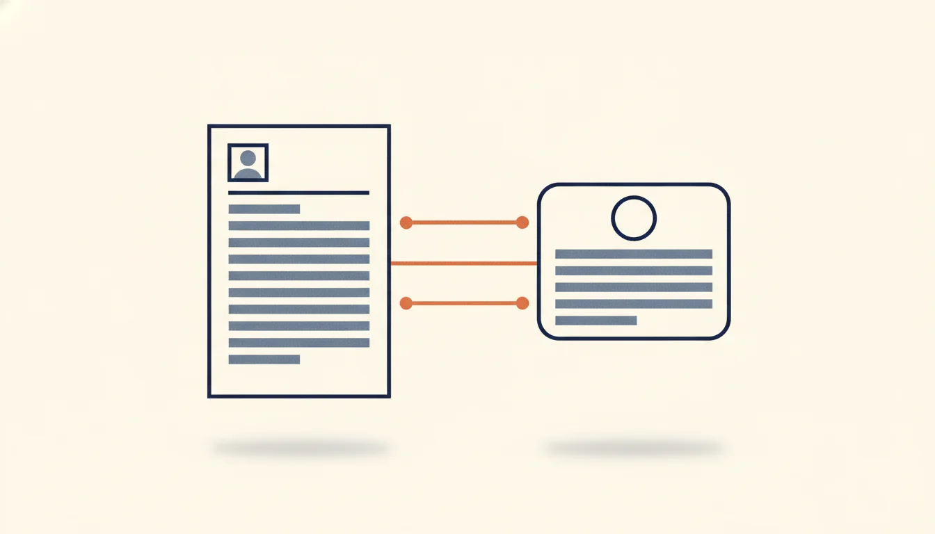 Une page de CV et une carte de profil en ligne posées côte à côte, reliées par trois traits orange horizontaux