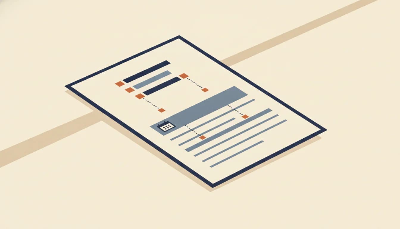 Une page de CV vue de haut ; trois lignes de la rubrique compétences sont reliées par des pointillés à trois puces dans les blocs d'expérience datés plus bas