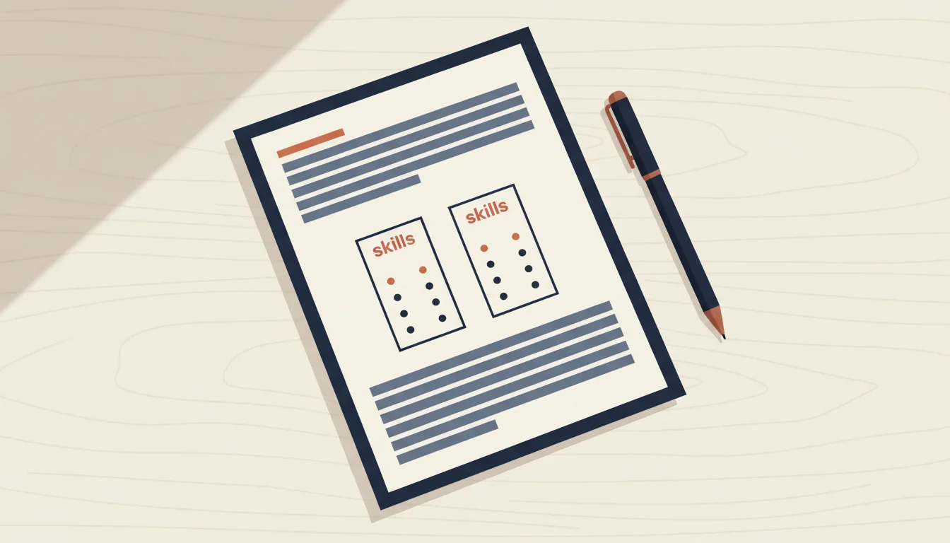 Une page de CV abstraite posée sur un bureau, avec la rubrique compétences mise en évidence par une accentuation orange