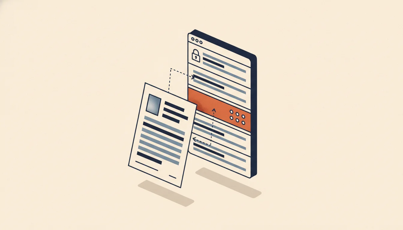 Une page de CV glisse dans un formulaire en ligne découpé en étapes ; une étape de questions à cocher est mise en avant en orange, avec un petit cadenas à côté du formulaire
